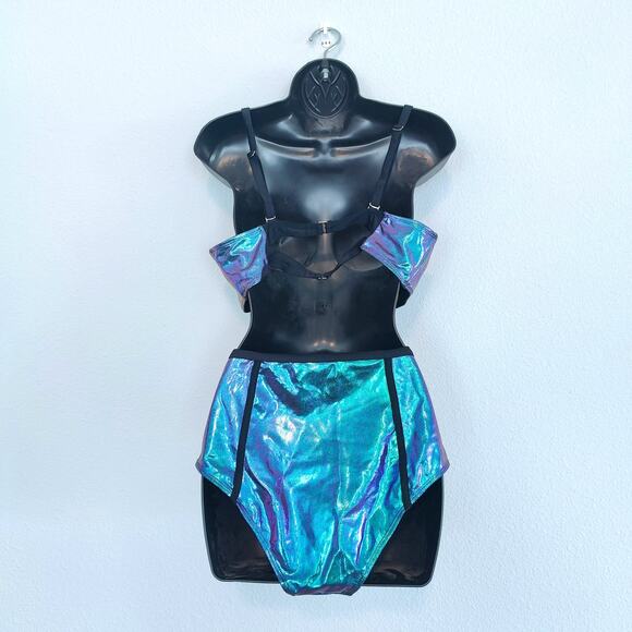 Blue Green Metallic Holographic High waist Bikini 2piece Swimsuit Plus Size 0x - Picture 2 of 4